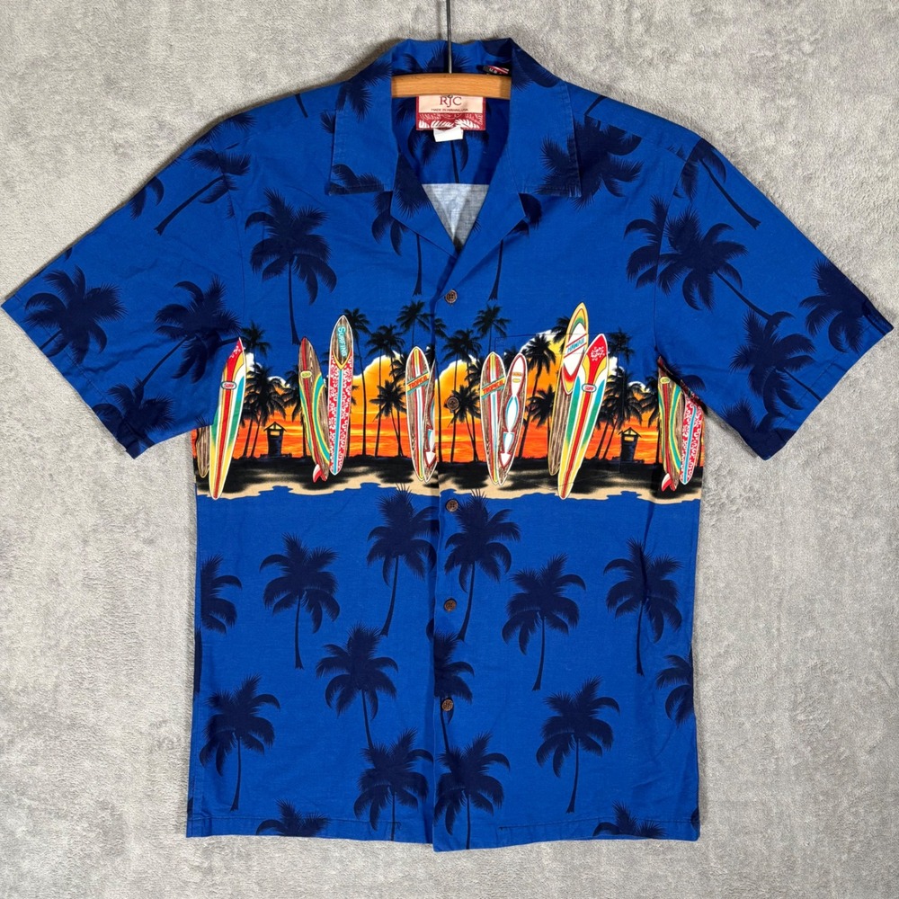 RJC Mens Hawaiian Shirt Medium Blue Surfboard Palm Tree Sunset Hawaii Made USA